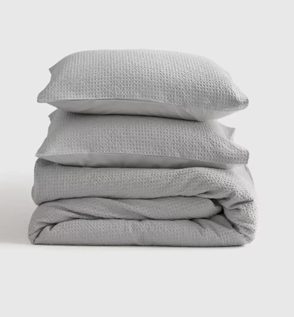 Quince Duvet Cover Set Luxe Honeycomb QUEEN Cover + Shams Light Gray NEW